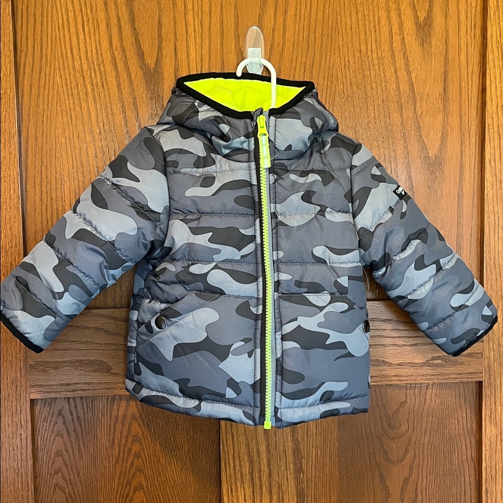 OshKosh B'gosh Gray Camo Puffer Jacket with Neon Yellow Lining, 12 Months